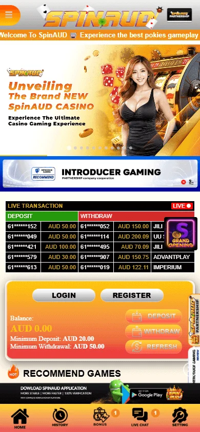 Spinaud Casino homepage on a mobile device