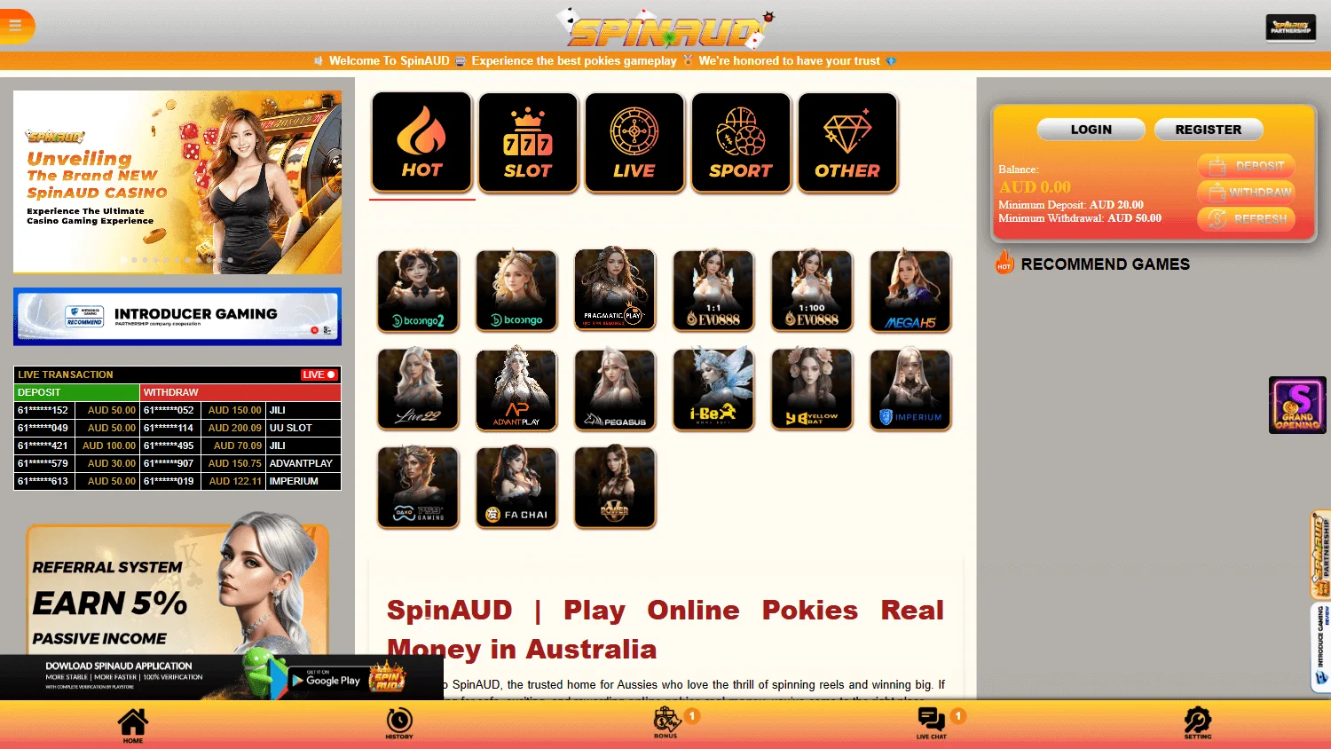 Spinaud Casino homepage on desktop