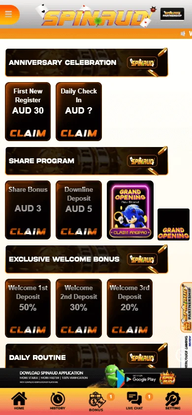 Spinaud Casino promotions area on a mobile device