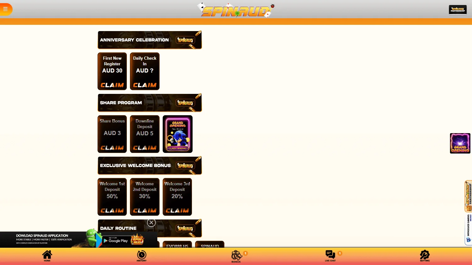 Spinaud Casino promotions area on desktop